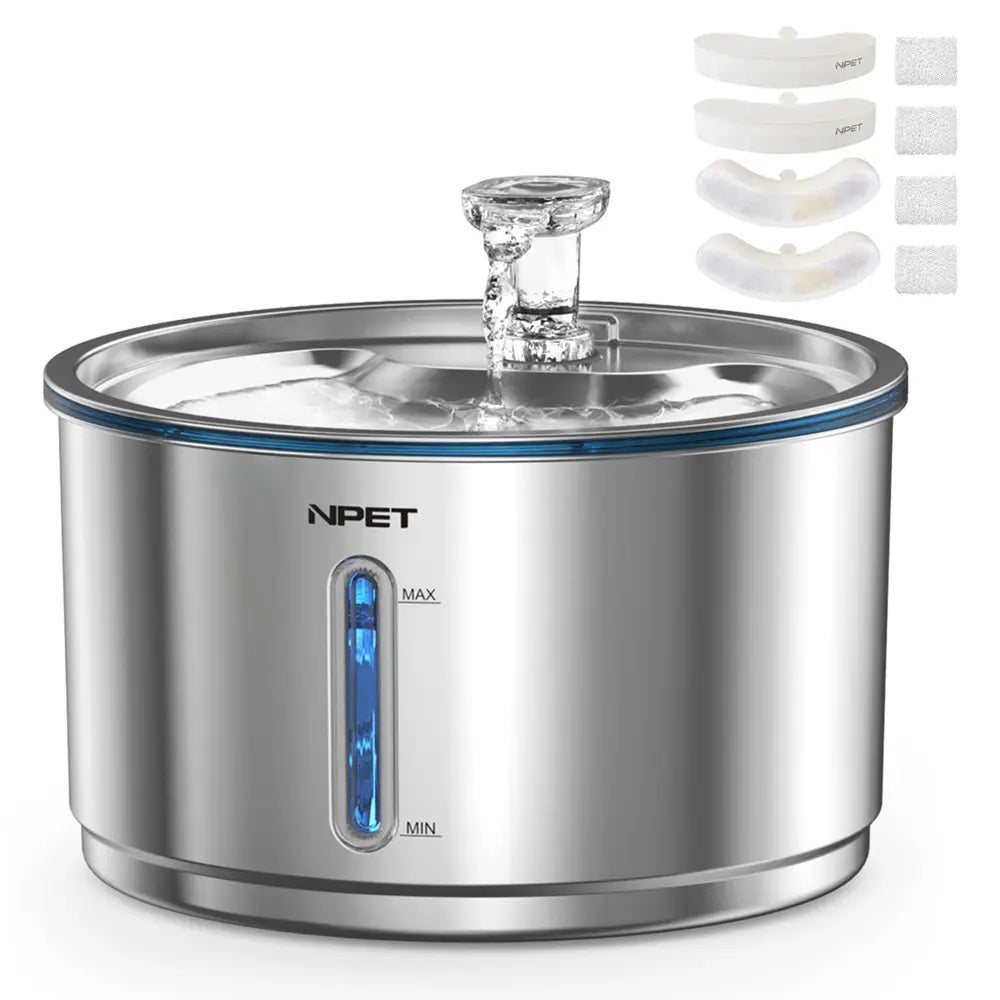 NPET 54Oz Stainless Steel Cat Water Fountain with LED Lights & Filters - Perfect for Indoor Cats!