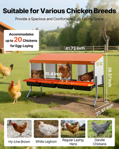 Vevor Chicken Nesting Boxes with 4 Compartments, Support Legs, Easy Egg Collection, Galvanized Steel and High-Strength Plastic, Roll Away Design for Chickens and Hens, Orange