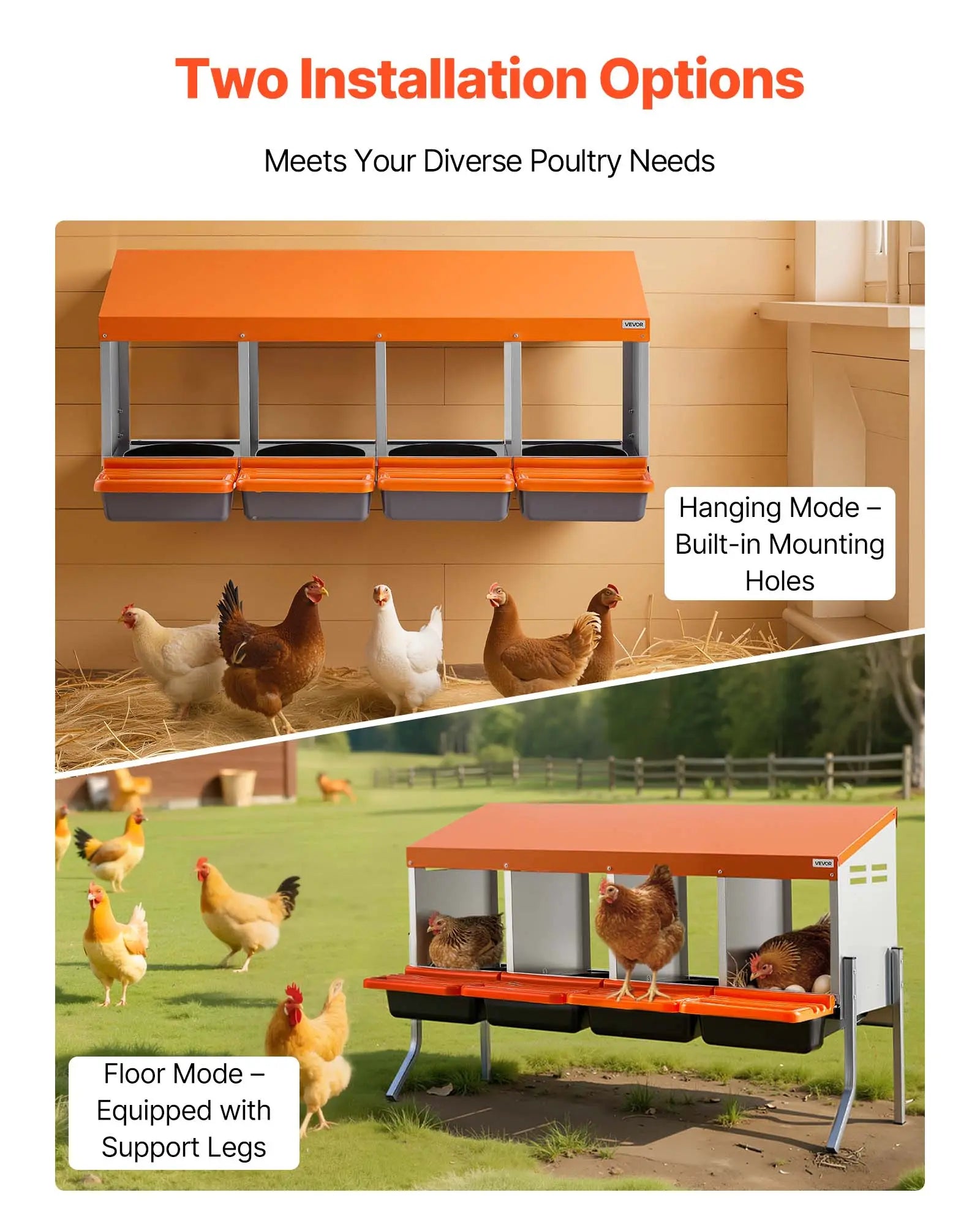 Vevor Chicken Nesting Boxes with 4 Compartments, Support Legs, Easy Egg Collection, Galvanized Steel and High-Strength Plastic, Roll Away Design for Chickens and Hens, Orange