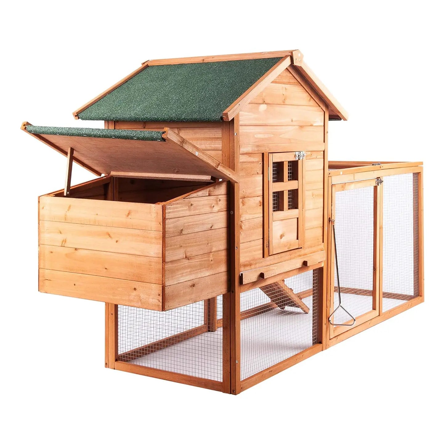 Grezone Outdoor Wooden Chicken Coop for 2-4 Chickens with Waterproof Asphalt Roof, Ramp, Nesting Box, and Wire Fence (80")