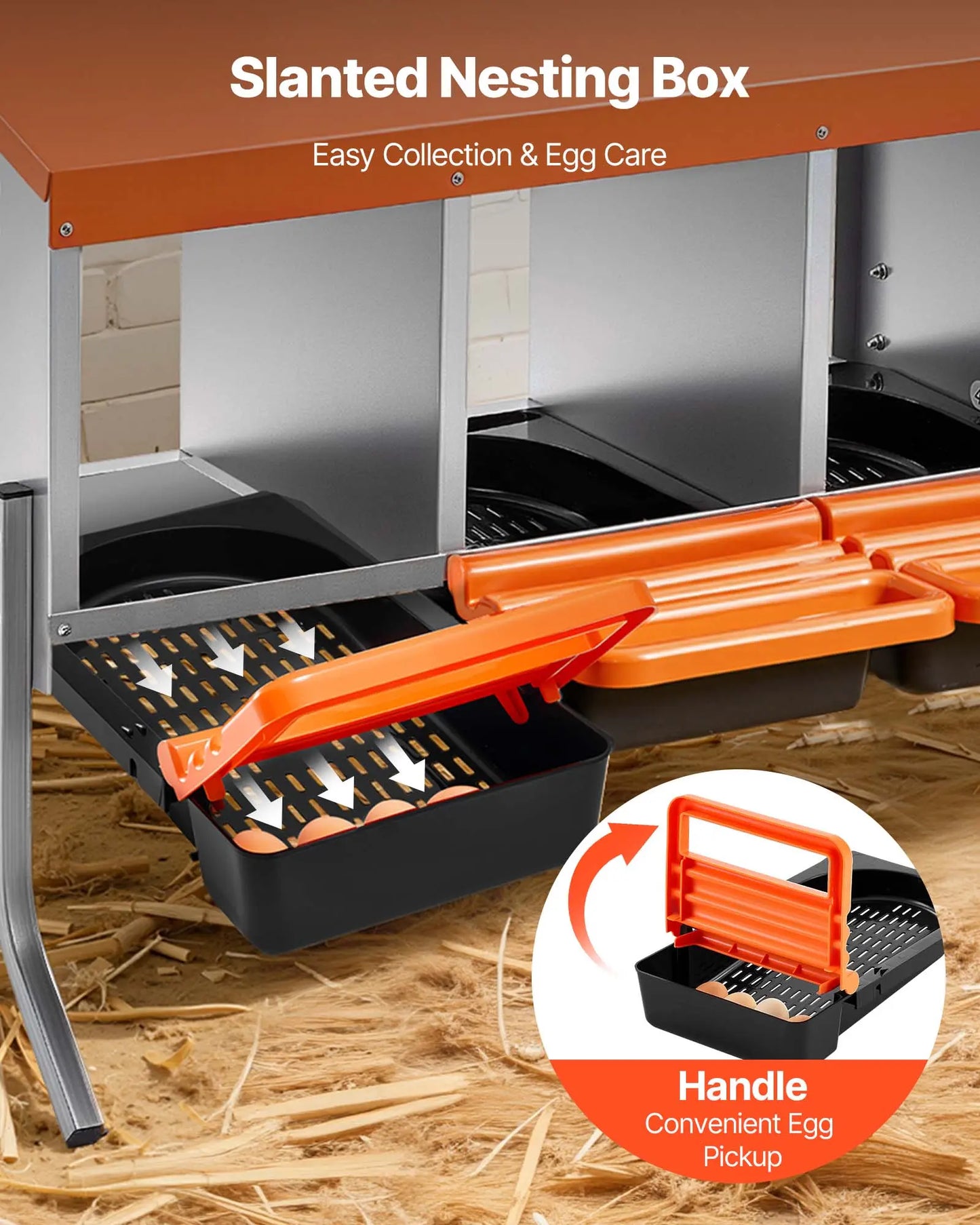 Vevor Chicken Nesting Boxes with 4 Compartments, Support Legs, Easy Egg Collection, Galvanized Steel and High-Strength Plastic, Roll Away Design for Chickens and Hens, Orange
