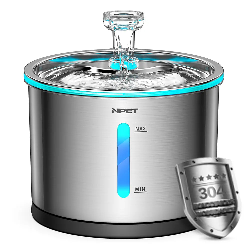 NPET 54Oz Stainless Steel Cat Water Fountain with LED Lights & Filters - Perfect for Indoor Cats!