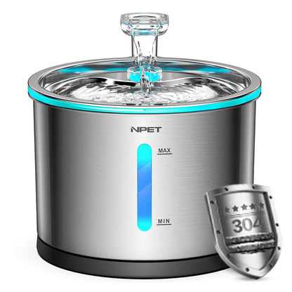 NPET 54Oz Stainless Steel Cat Water Fountain with LED Lights & Filters - Perfect for Indoor Cats!