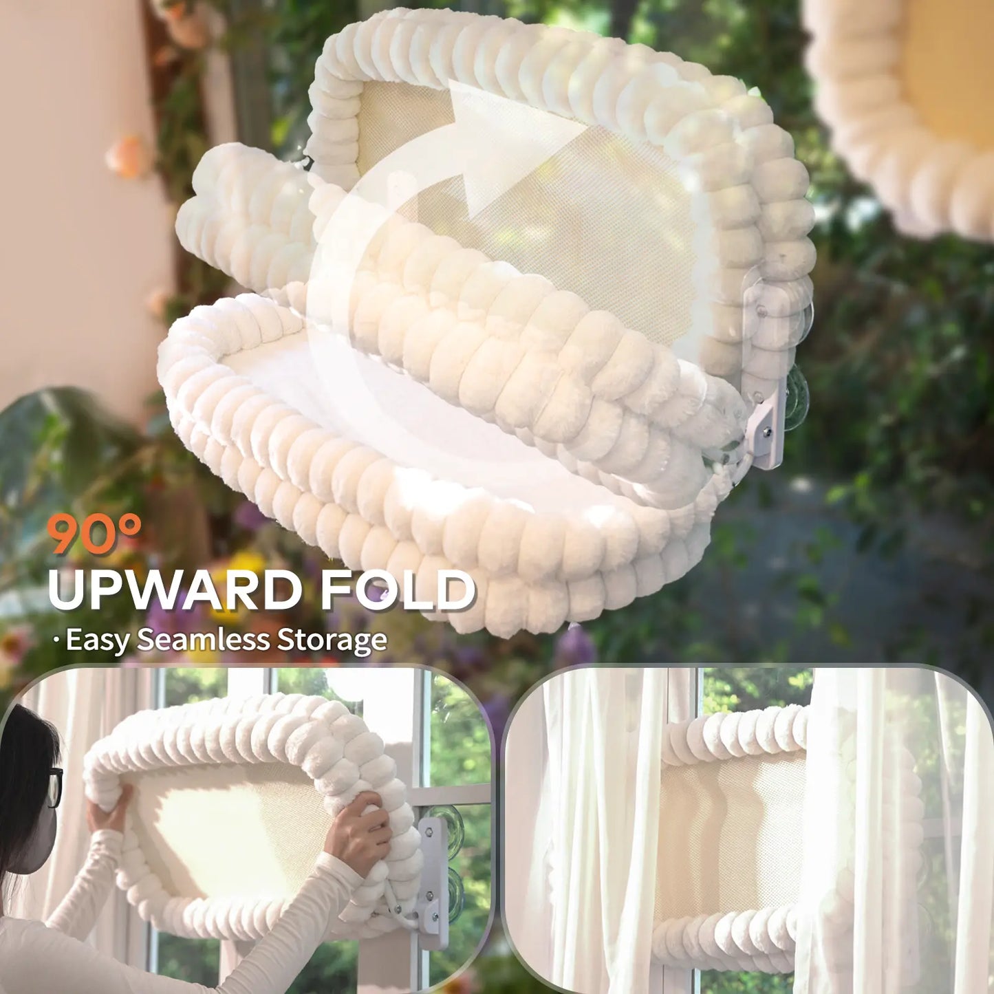 Folding Cat Hammock for Windows - Cordless, Machine Washable Bed with Durable Metal Frame and Strong Suction Cups, Ideal Perch for Cats and Small Dogs