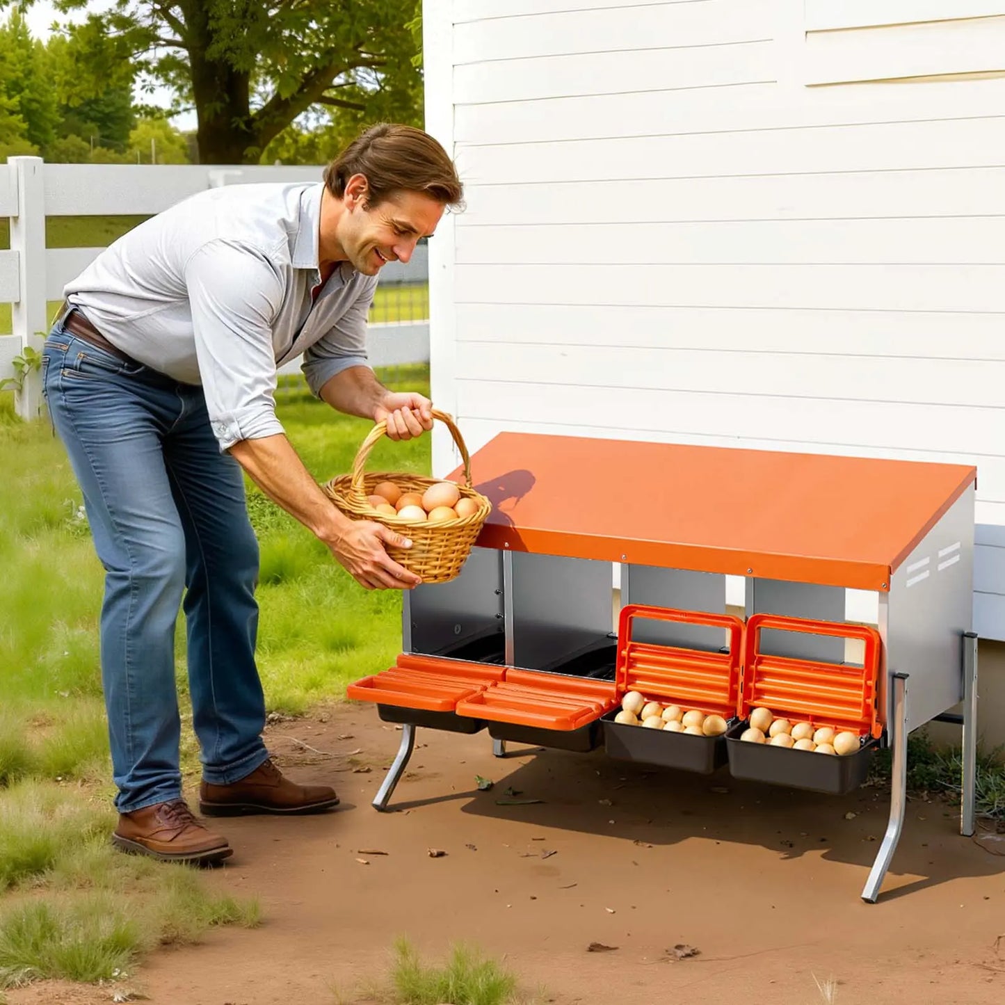 Vevor Chicken Nesting Boxes with 4 Compartments, Support Legs, Easy Egg Collection, Galvanized Steel and High-Strength Plastic, Roll Away Design for Chickens and Hens, Orange