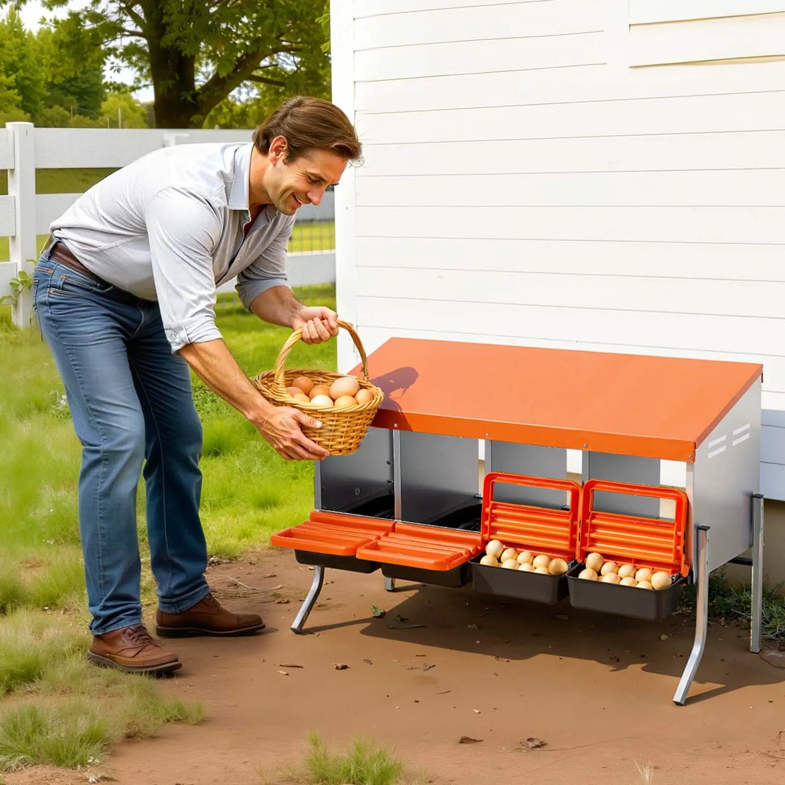 Vevor Chicken Nesting Boxes with 4 Compartments, Support Legs, Easy Egg Collection, Galvanized Steel and High-Strength Plastic, Roll Away Design for Chickens and Hens, Orange