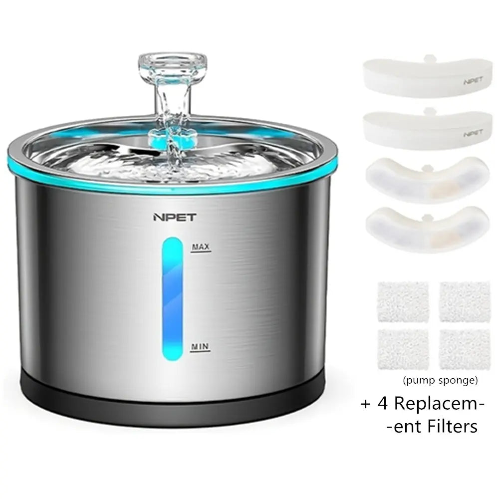 NPET 54Oz Stainless Steel Cat Water Fountain with LED Lights & Filters - Perfect for Indoor Cats!