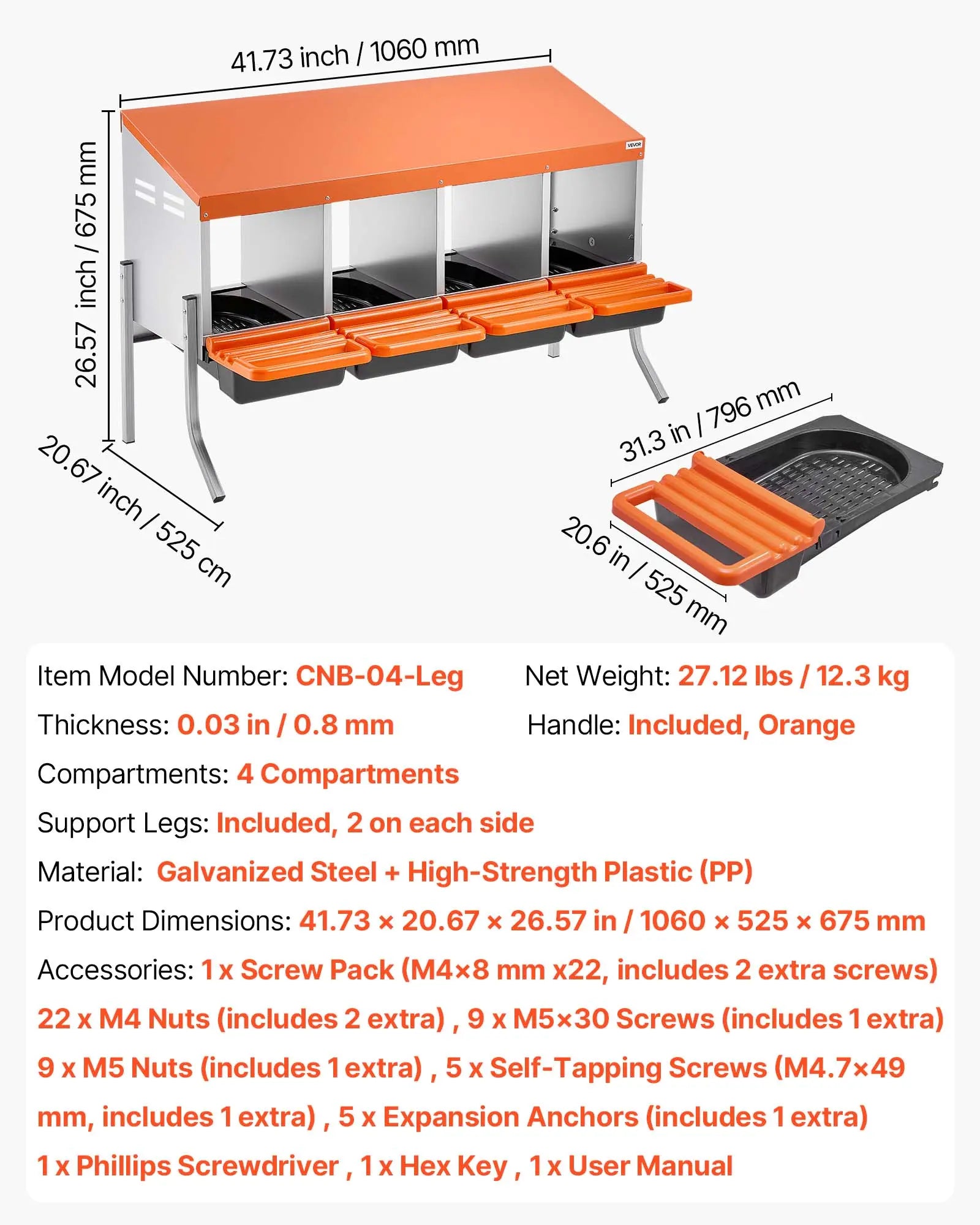 Vevor Chicken Nesting Boxes with 4 Compartments, Support Legs, Easy Egg Collection, Galvanized Steel and High-Strength Plastic, Roll Away Design for Chickens and Hens, Orange