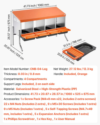 Vevor Chicken Nesting Boxes with 4 Compartments, Support Legs, Easy Egg Collection, Galvanized Steel and High-Strength Plastic, Roll Away Design for Chickens and Hens, Orange