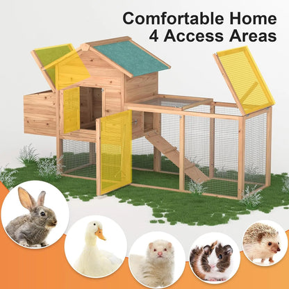 Grezone Outdoor Wooden Chicken Coop for 2-4 Chickens with Waterproof Asphalt Roof, Ramp, Nesting Box, and Wire Fence (80")