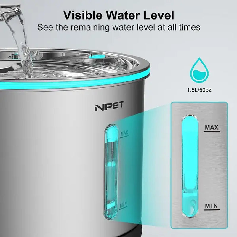 NPET 54Oz Stainless Steel Cat Water Fountain with LED Lights & Filters - Perfect for Indoor Cats!