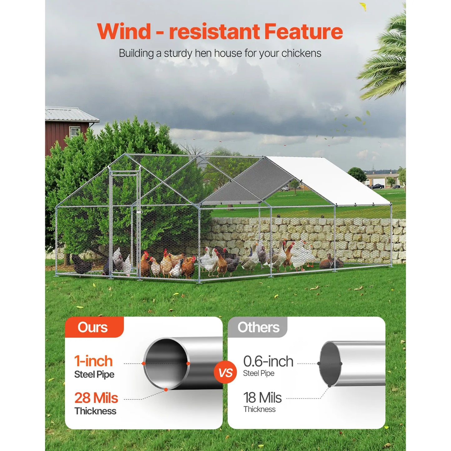 VEVOR Large Walk-In Metal Chicken Coop, 9.8 x 19.6 x 6.5 Ft Enclosure with Cover and Spire Roof, Secure Poultry Pen for Chickens, Ducks, and Rabbits for Backyard and Farm Use