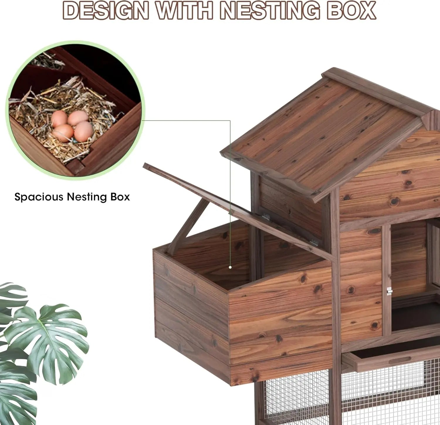 Grezone Outdoor Wooden Chicken Coop for 2-4 Chickens with Waterproof Asphalt Roof, Ramp, Nesting Box, and Wire Fence (80")