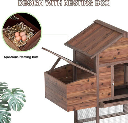 Grezone Outdoor Wooden Chicken Coop for 2-4 Chickens with Waterproof Asphalt Roof, Ramp, Nesting Box, and Wire Fence (80")