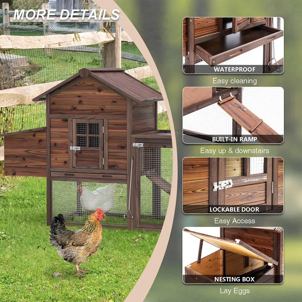 Grezone Outdoor Wooden Chicken Coop for 2-4 Chickens with Waterproof Asphalt Roof, Ramp, Nesting Box, and Wire Fence (80")
