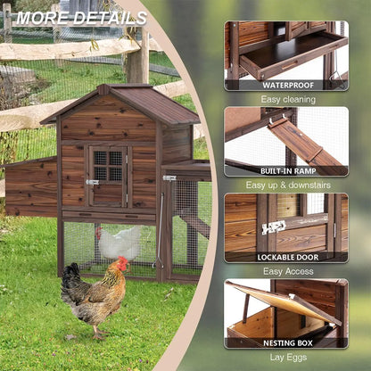 Grezone Outdoor Wooden Chicken Coop for 2-4 Chickens with Waterproof Asphalt Roof, Ramp, Nesting Box, and Wire Fence (80")