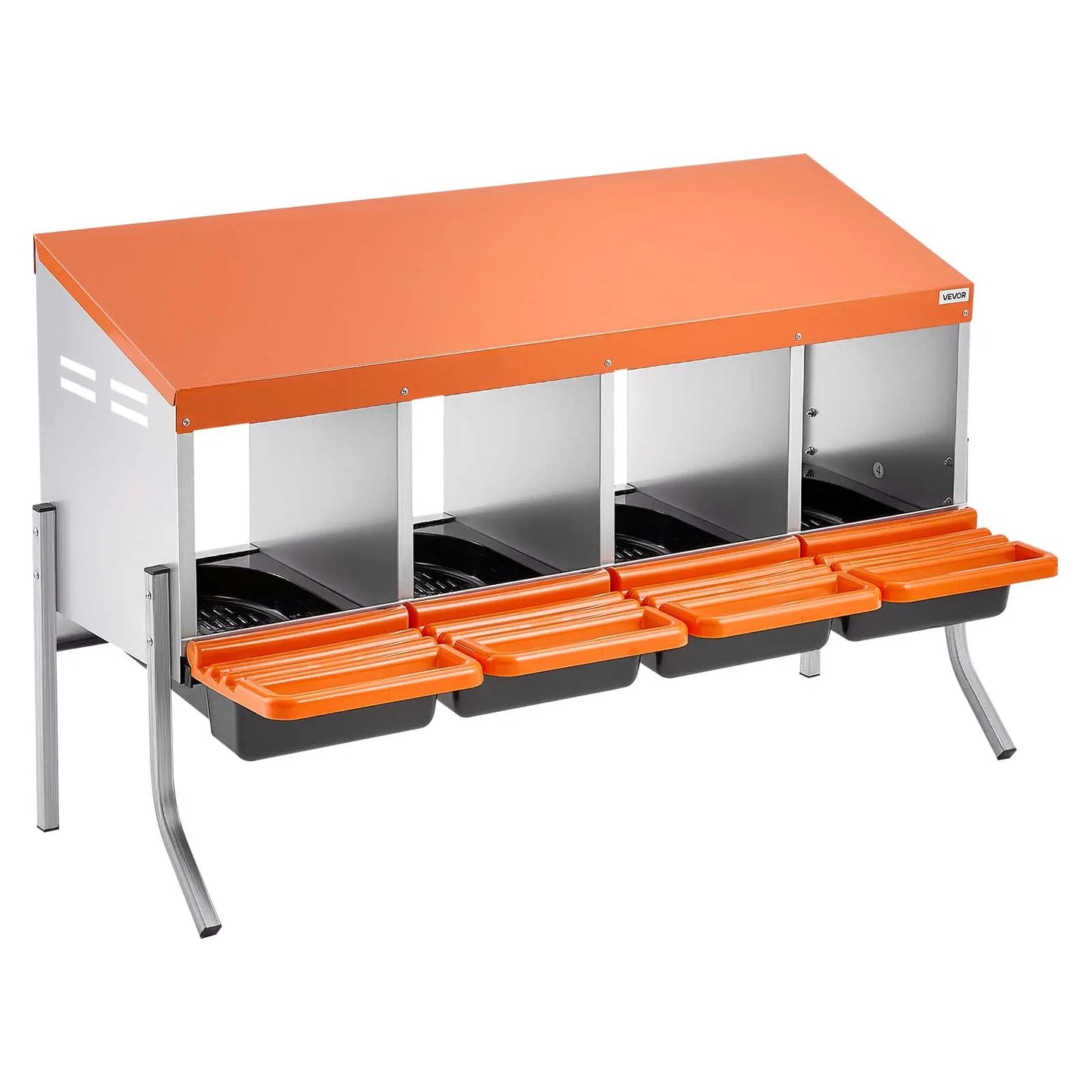 Vevor Chicken Nesting Boxes with 4 Compartments, Support Legs, Easy Egg Collection, Galvanized Steel and High-Strength Plastic, Roll Away Design for Chickens and Hens, Orange