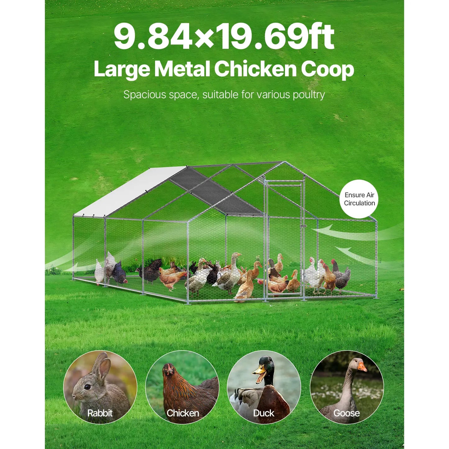 VEVOR Large Walk-In Metal Chicken Coop, 9.8 x 19.6 x 6.5 Ft Enclosure with Cover and Spire Roof, Secure Poultry Pen for Chickens, Ducks, and Rabbits for Backyard and Farm Use