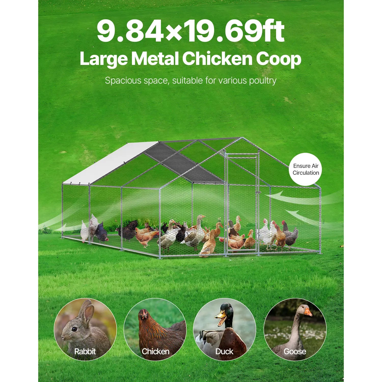 VEVOR Large Walk-In Metal Chicken Coop, 9.8 x 19.6 x 6.5 Ft Enclosure with Cover and Spire Roof, Secure Poultry Pen for Chickens, Ducks, and Rabbits for Backyard and Farm Use