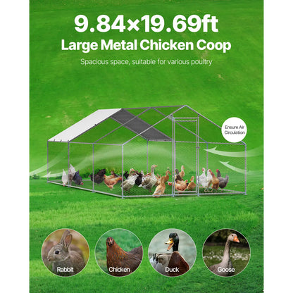 VEVOR Large Walk-In Metal Chicken Coop, 9.8 x 19.6 x 6.5 Ft Enclosure with Cover and Spire Roof, Secure Poultry Pen for Chickens, Ducks, and Rabbits for Backyard and Farm Use