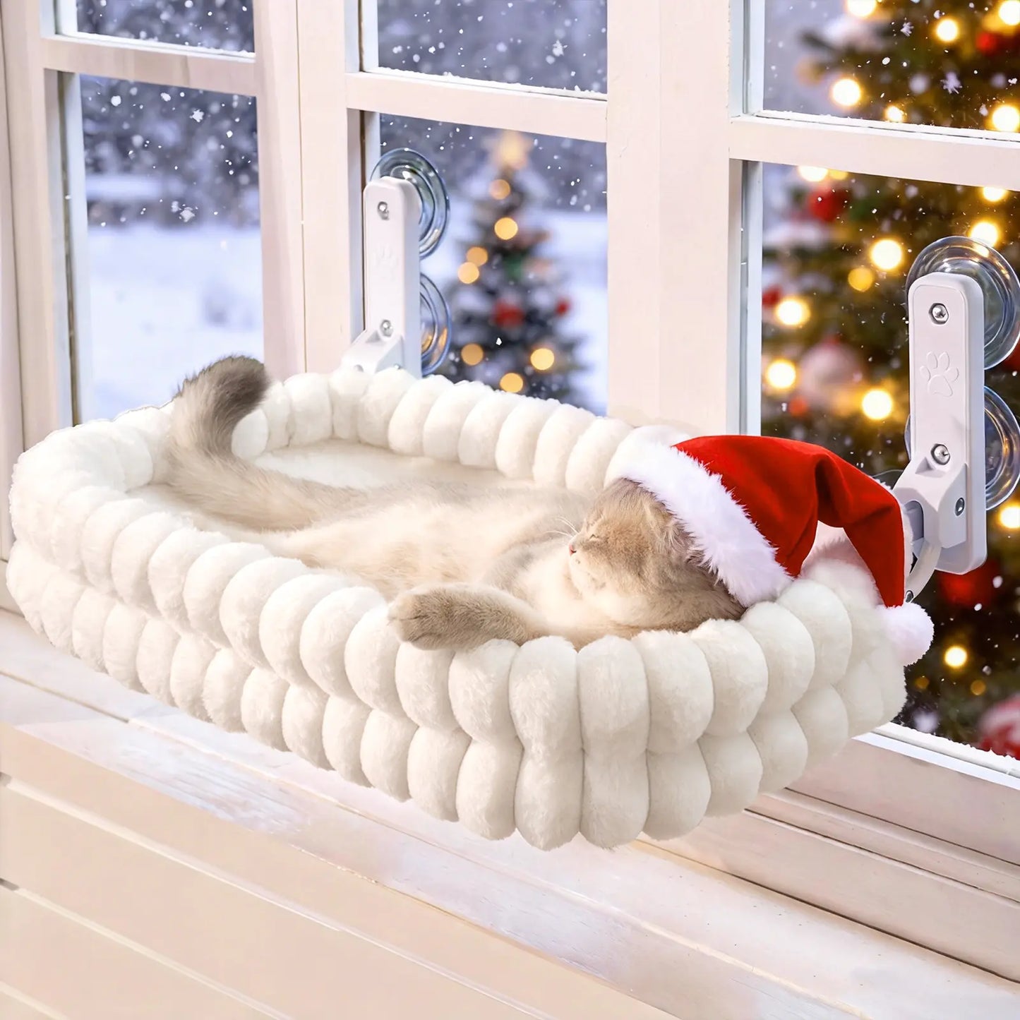Folding Cat Hammock for Windows - Cordless, Machine Washable Bed with Durable Metal Frame and Strong Suction Cups, Ideal Perch for Cats and Small Dogs