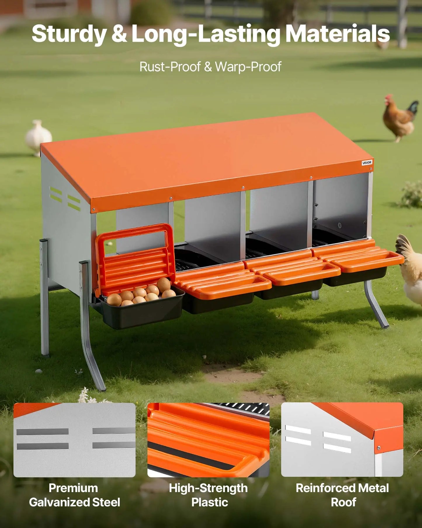 Vevor Chicken Nesting Boxes with 4 Compartments, Support Legs, Easy Egg Collection, Galvanized Steel and High-Strength Plastic, Roll Away Design for Chickens and Hens, Orange