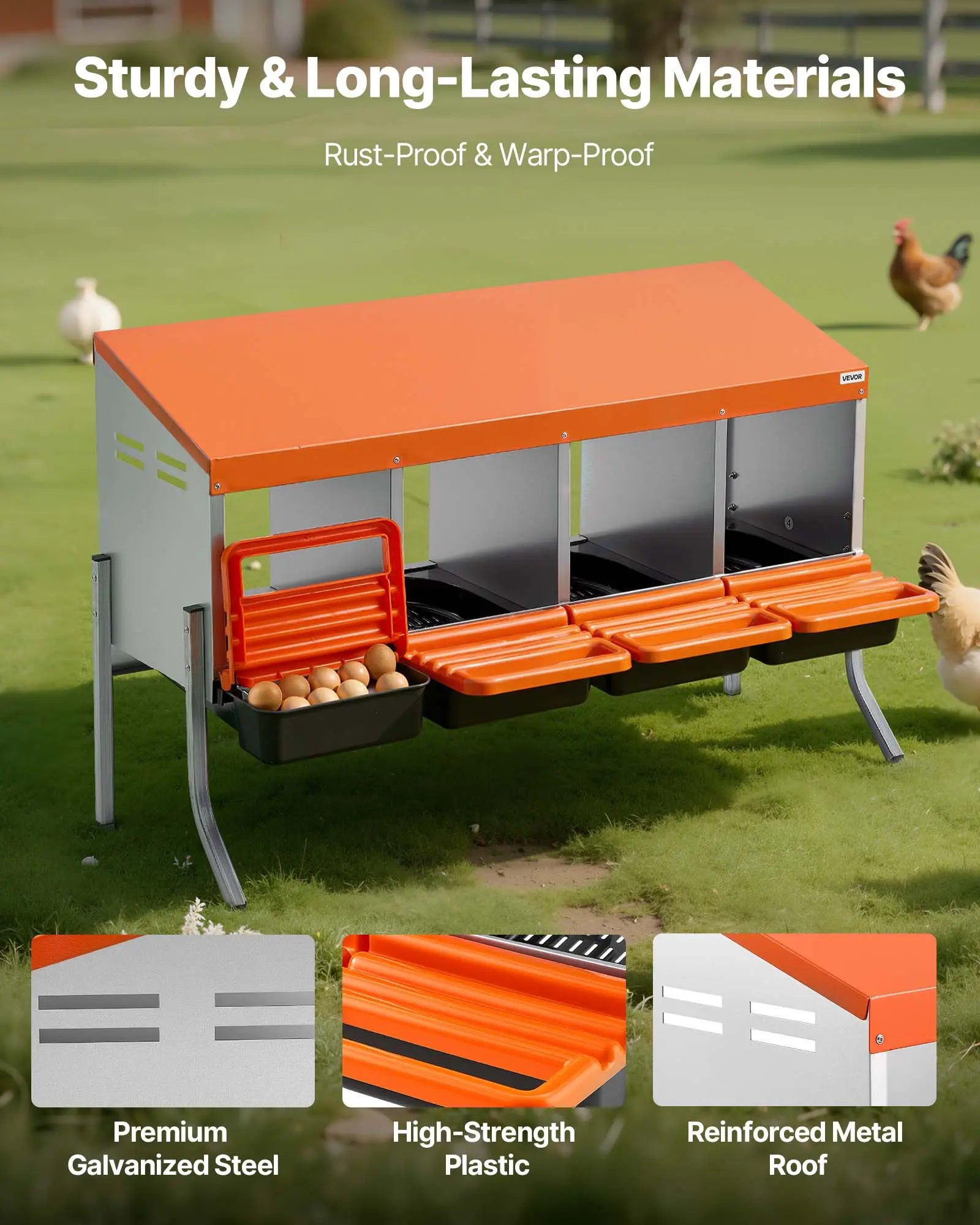 Vevor Chicken Nesting Boxes with 4 Compartments, Support Legs, Easy Egg Collection, Galvanized Steel and High-Strength Plastic, Roll Away Design for Chickens and Hens, Orange