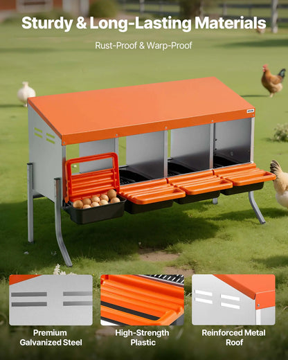 Vevor Chicken Nesting Boxes with 4 Compartments, Support Legs, Easy Egg Collection, Galvanized Steel and High-Strength Plastic, Roll Away Design for Chickens and Hens, Orange