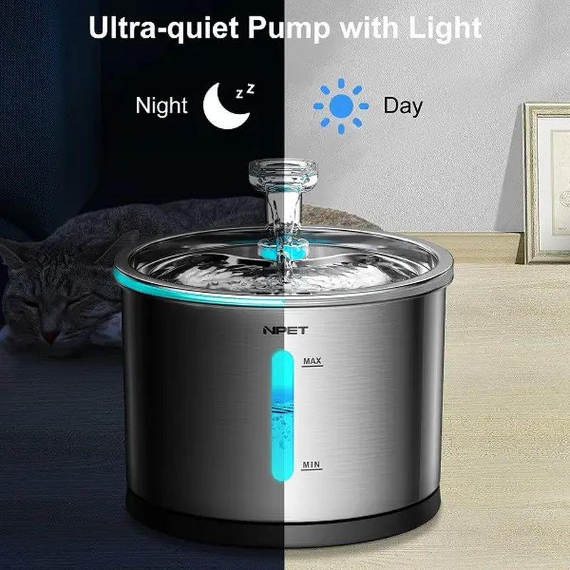 NPET 54Oz Stainless Steel Cat Water Fountain with LED Lights & Filters - Perfect for Indoor Cats!