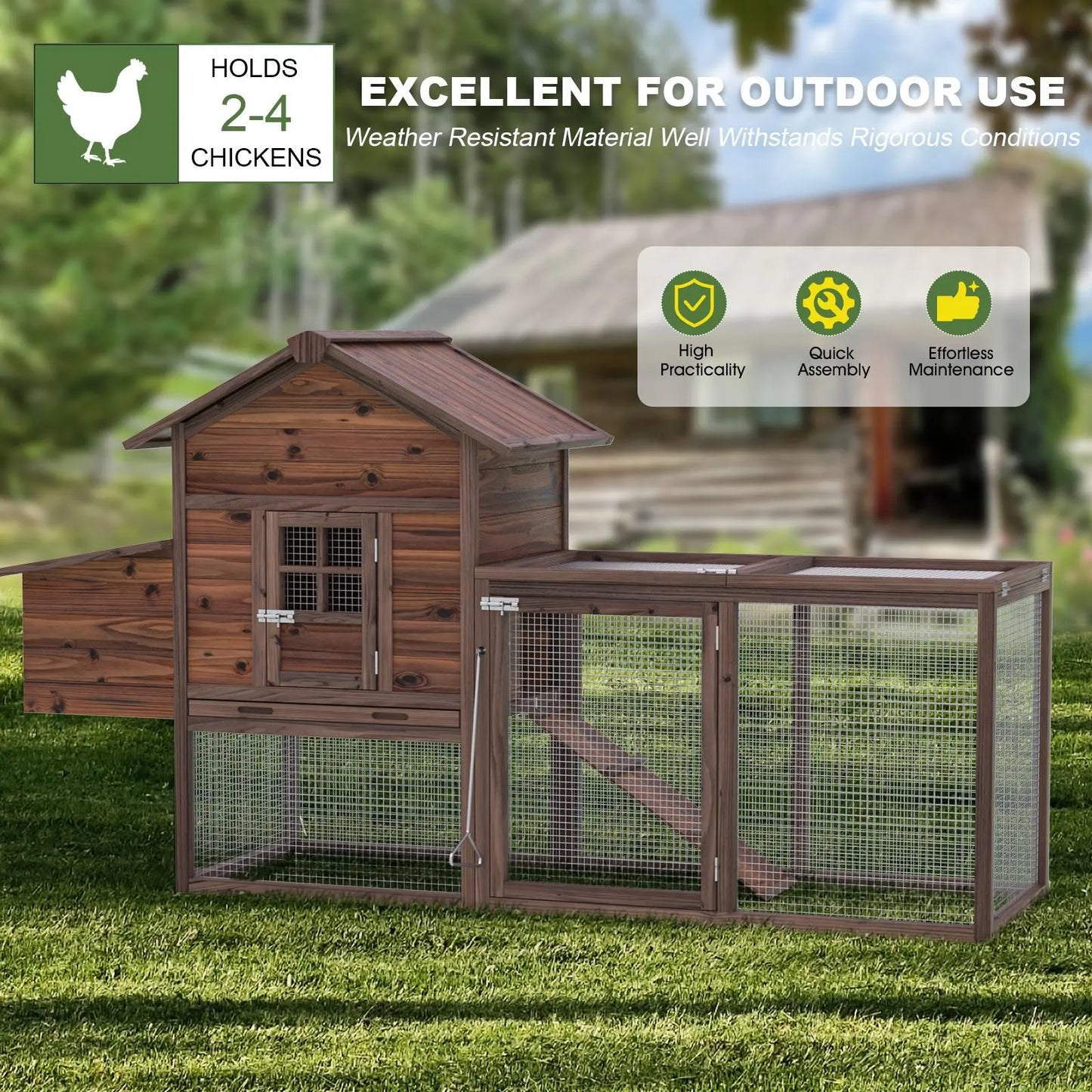 Grezone Outdoor Wooden Chicken Coop for 2-4 Chickens with Waterproof Asphalt Roof, Ramp, Nesting Box, and Wire Fence (80")