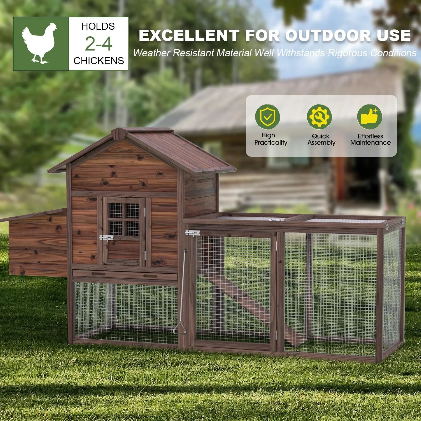 Grezone Outdoor Wooden Chicken Coop for 2-4 Chickens with Waterproof Asphalt Roof, Ramp, Nesting Box, and Wire Fence (80")