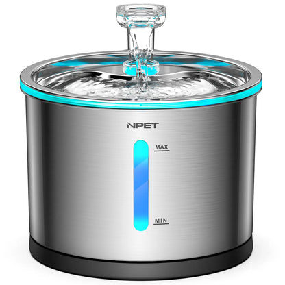 NPET 54Oz Stainless Steel Cat Water Fountain with LED Lights & Filters - Perfect for Indoor Cats!
