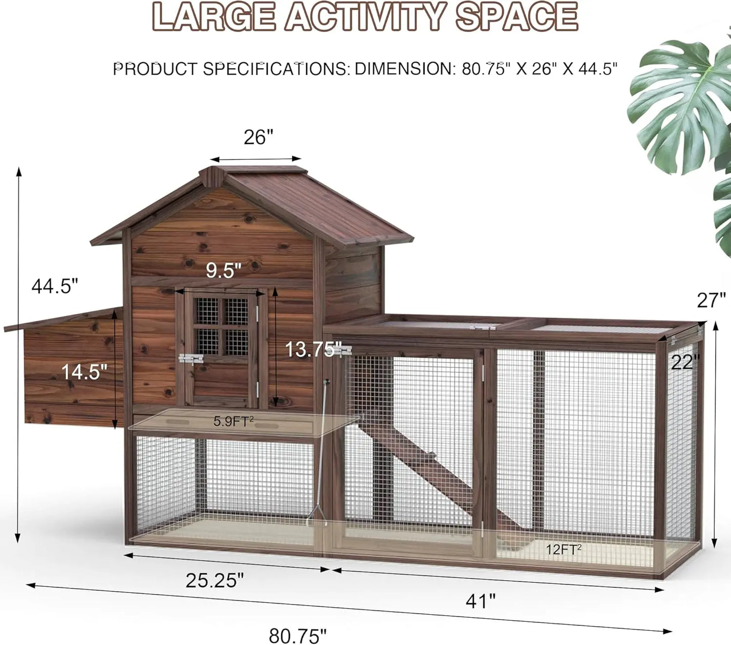 Grezone Outdoor Wooden Chicken Coop for 2-4 Chickens with Waterproof Asphalt Roof, Ramp, Nesting Box, and Wire Fence (80")