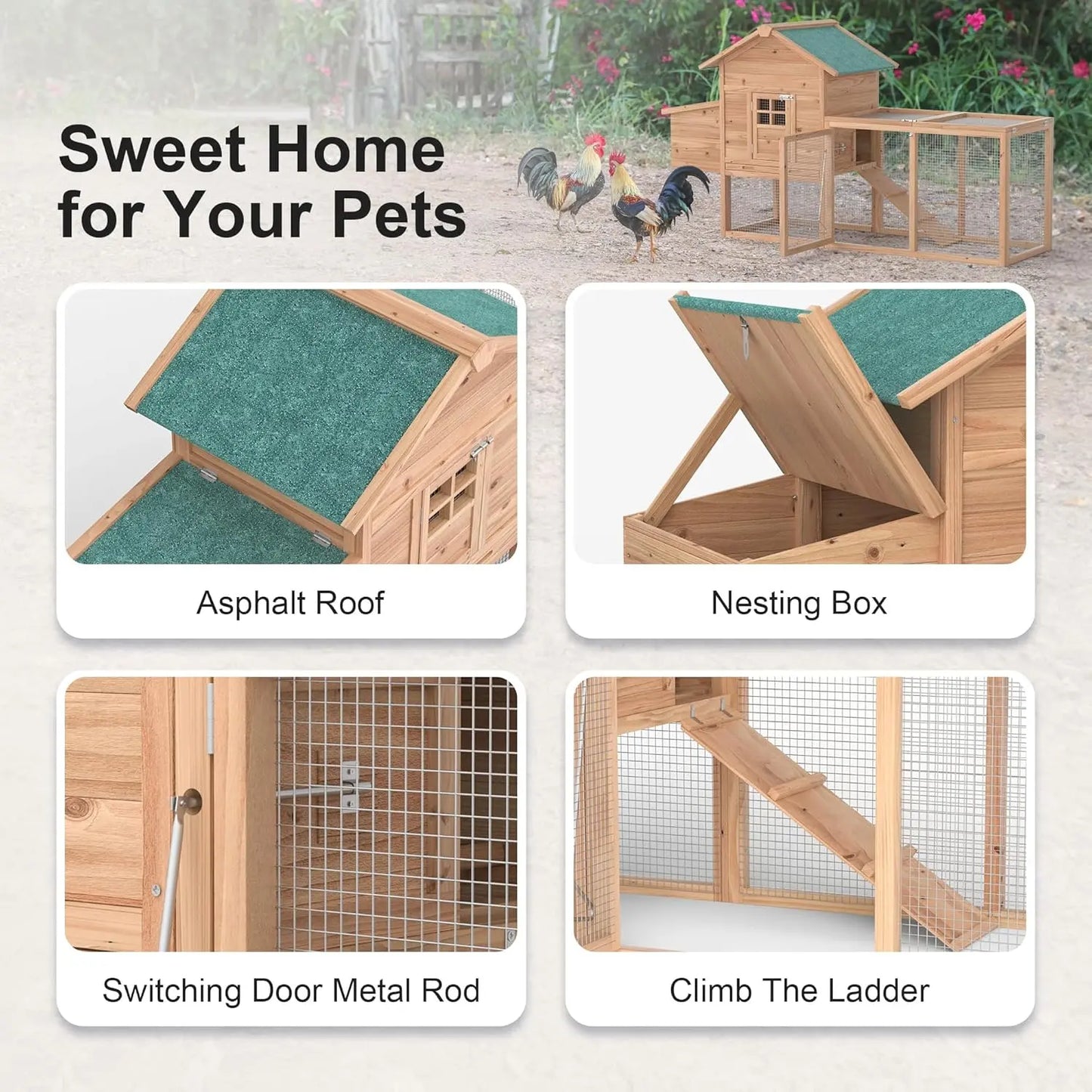 Grezone Outdoor Wooden Chicken Coop for 2-4 Chickens with Waterproof Asphalt Roof, Ramp, Nesting Box, and Wire Fence (80")