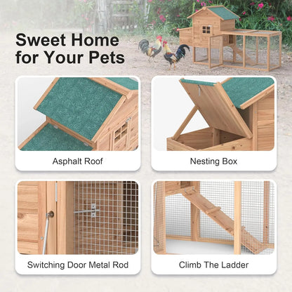 Grezone Outdoor Wooden Chicken Coop for 2-4 Chickens with Waterproof Asphalt Roof, Ramp, Nesting Box, and Wire Fence (80")