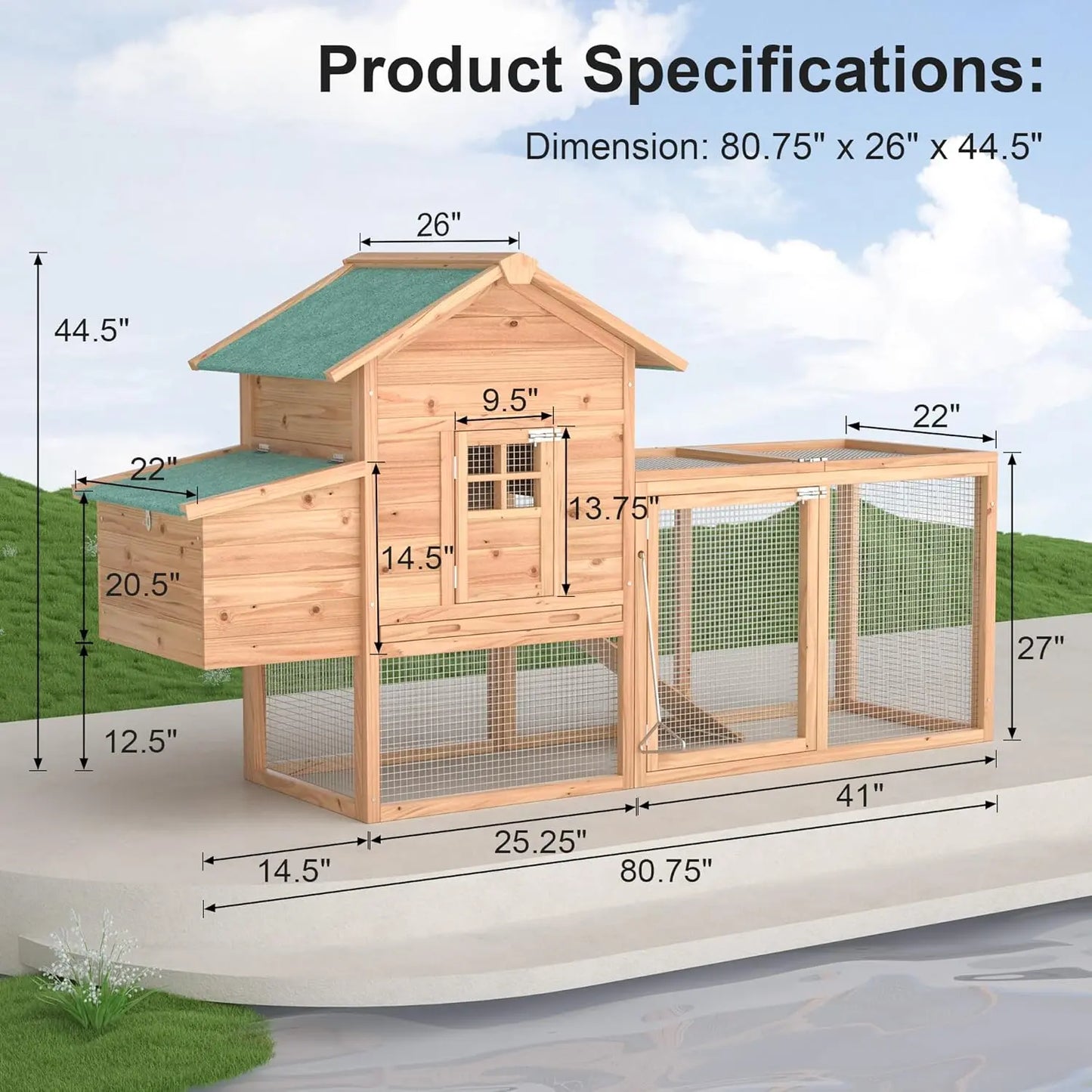 Grezone Outdoor Wooden Chicken Coop for 2-4 Chickens with Waterproof Asphalt Roof, Ramp, Nesting Box, and Wire Fence (80")