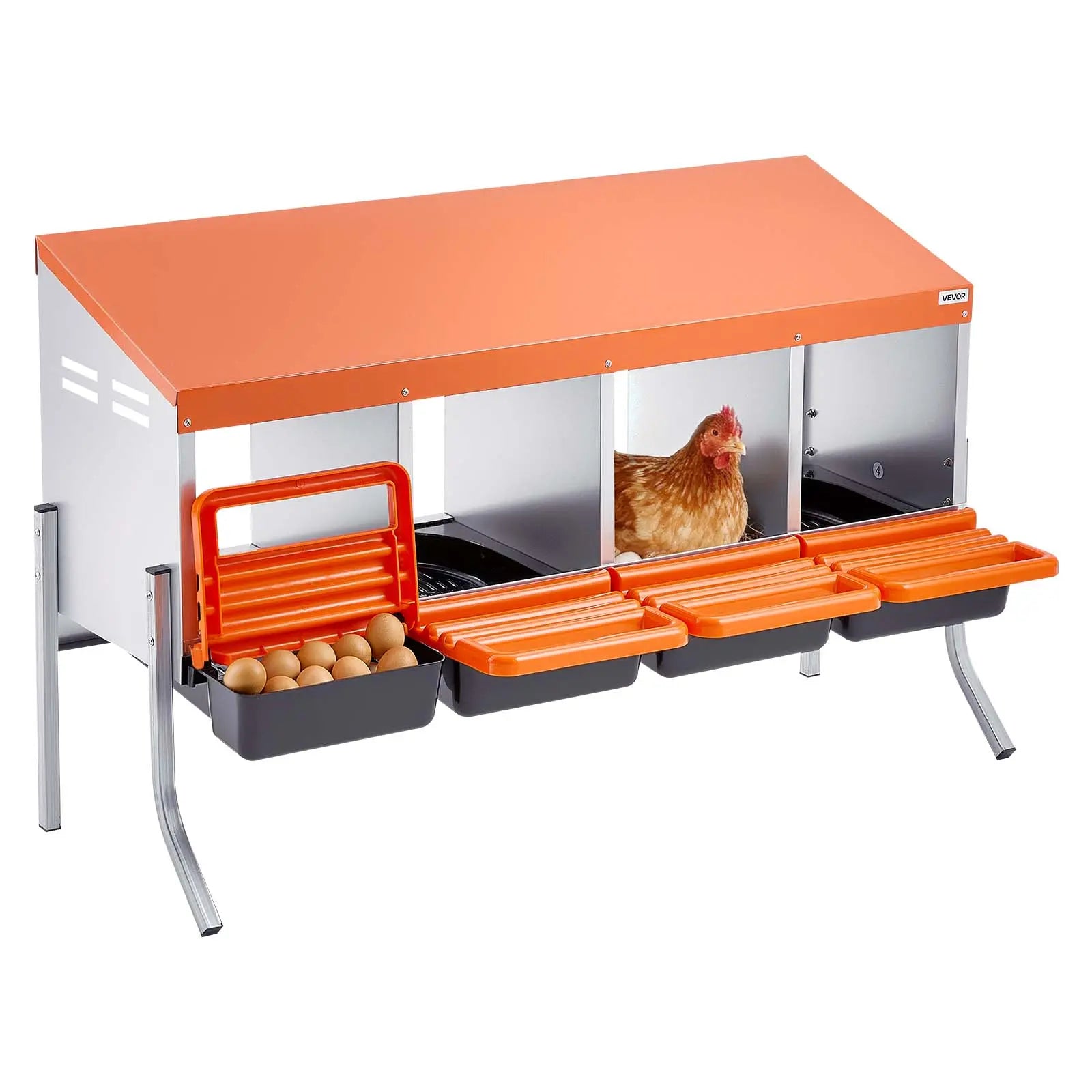Vevor Chicken Nesting Boxes with 4 Compartments, Support Legs, Easy Egg Collection, Galvanized Steel and High-Strength Plastic, Roll Away Design for Chickens and Hens, Orange