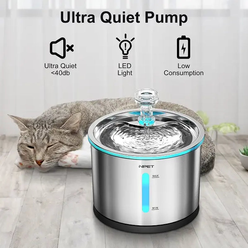 NPET 54Oz Stainless Steel Cat Water Fountain with LED Lights & Filters - Perfect for Indoor Cats!