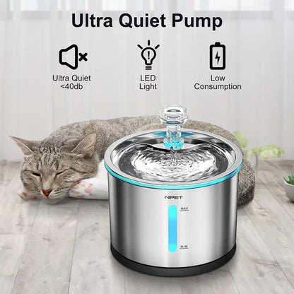 NPET 54Oz Stainless Steel Cat Water Fountain with LED Lights & Filters - Perfect for Indoor Cats!