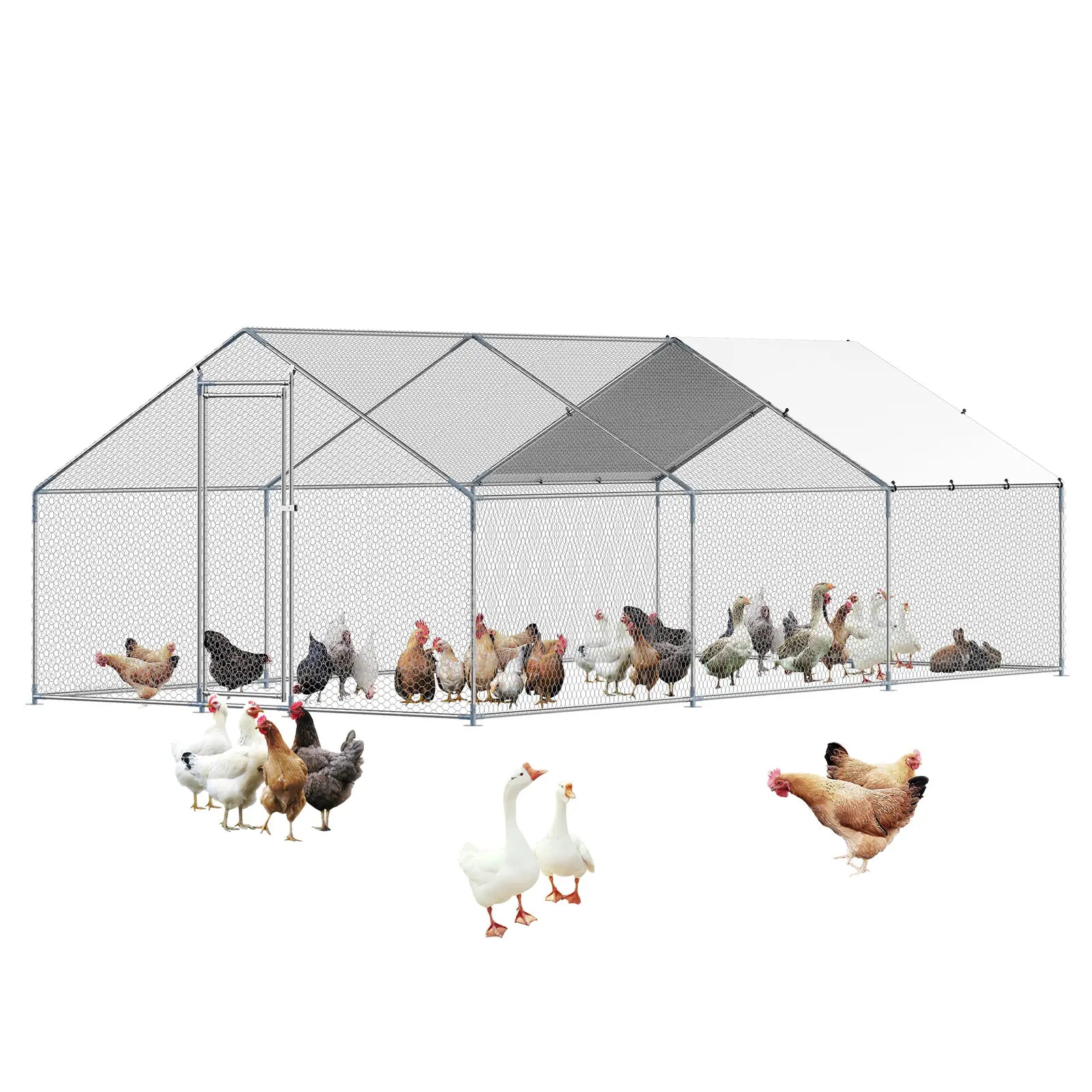 VEVOR Large Walk-In Metal Chicken Coop, 9.8 x 19.6 x 6.5 Ft Enclosure with Cover and Spire Roof, Secure Poultry Pen for Chickens, Ducks, and Rabbits for Backyard and Farm Use